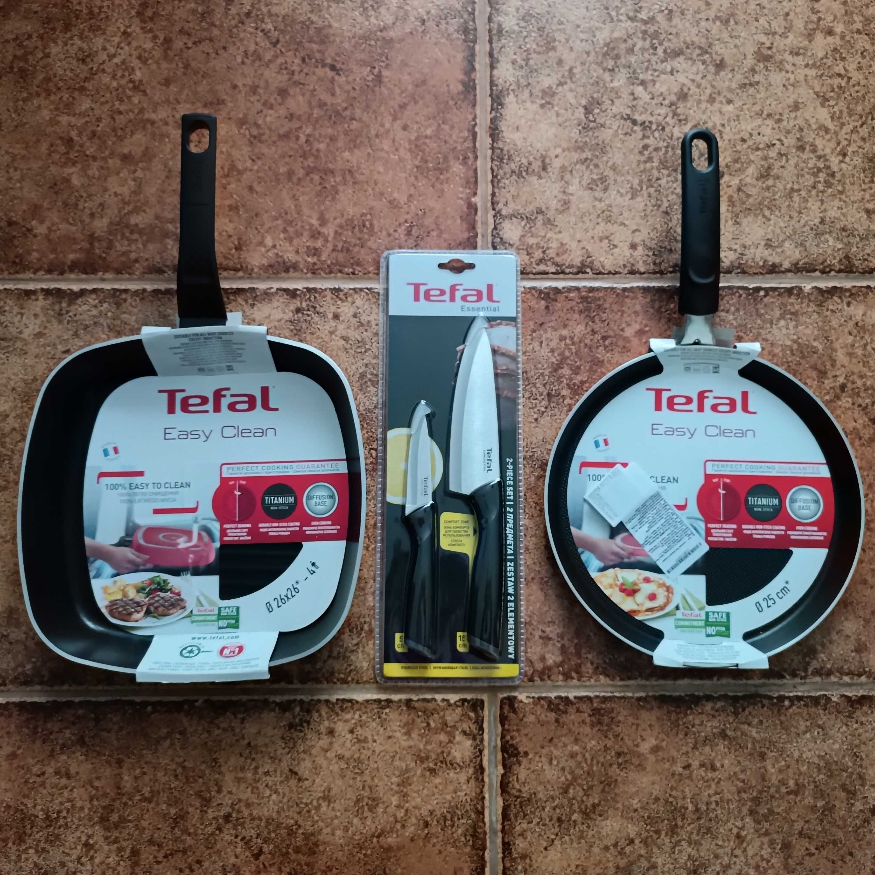 Nowy komplet TEFAL 2X Patelnia  26 -25 cm + Zestaw  2 Szt Noży Okazja