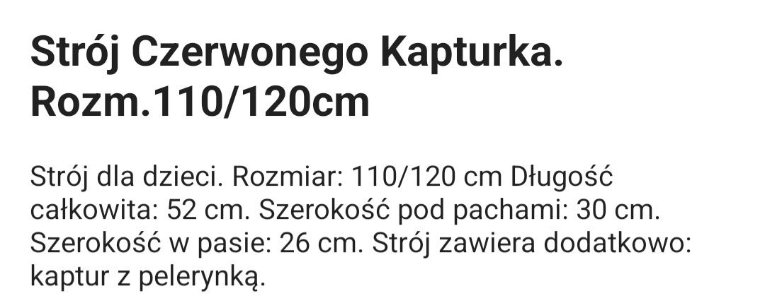 Strój Czerwonego Kapturka. Rozm.110/120cm.