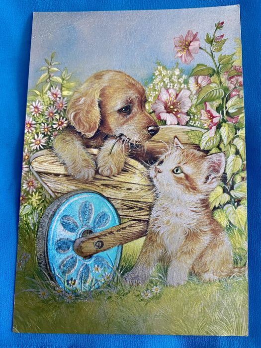 unikatowa vintage laserowa pocztówka Dufex Prints piesek z kotkiem