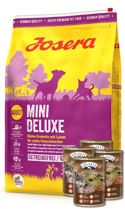 Josera Mini Deluxe 10kg + 4x Abart puszka dla psa z wołowiną 415g