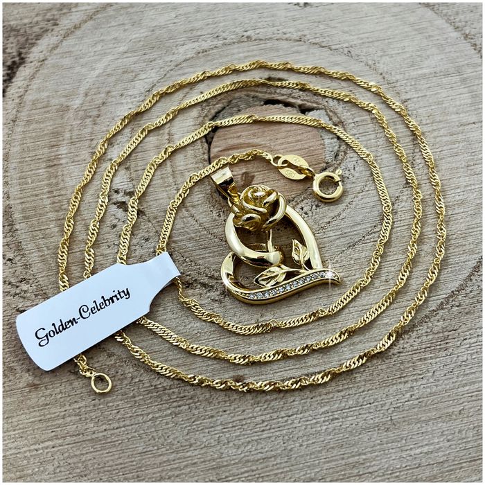 Złoty Naszyjnik Serce 925/585 Serduszko Z Różą Łańcuszek Zawieszka + G