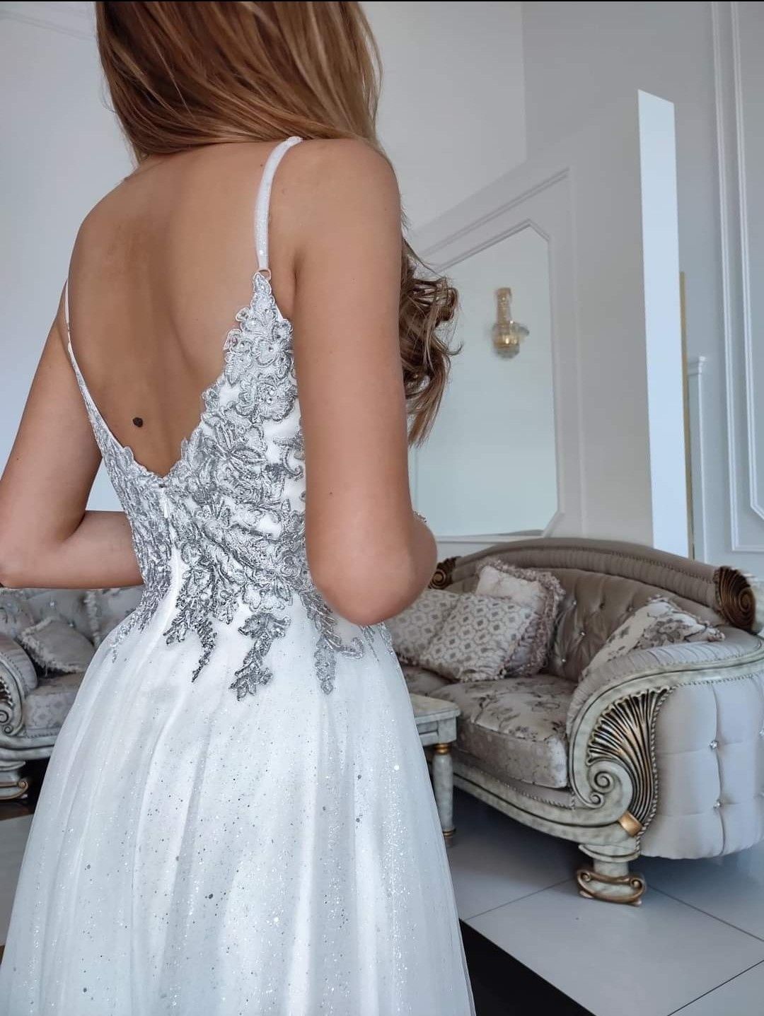 Suknia ślubna 36/S biała tiulowa koronkowa srebrna marika pretty nowa