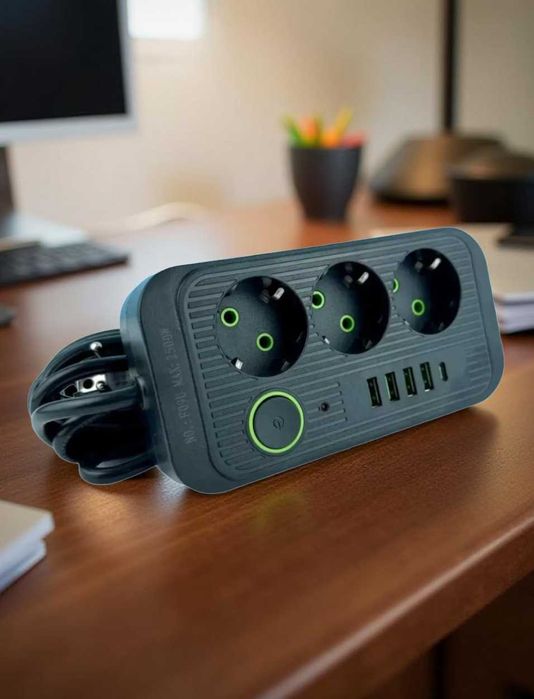 Мережевий фільтр 3 розетки 4 usb type c 2 м подовжувач
