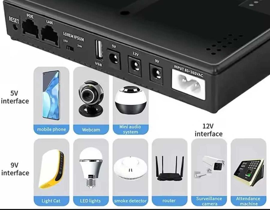 Безперебійник для роутера, камери,  USB 5V/2A, DC 5V/2A, 9V/1A, 12V/1A