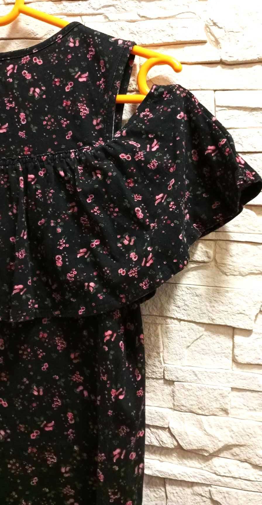 Czarny t-shirt w kwiatki, koszulka z krótkim rękawem, Croop