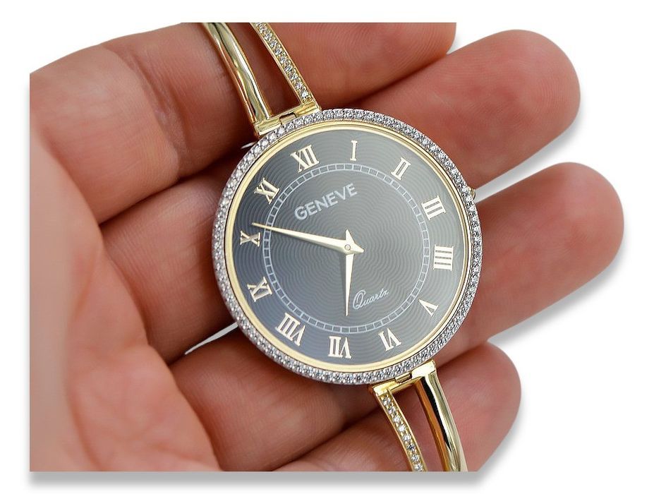 Prześliczny 14K 585 złoty damski zegarek Geneve lw053y Czarna Tarcza G