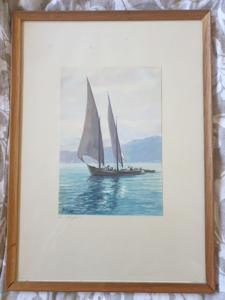 Aguarela com paisagem do lago de Génova com veleiro-assinado