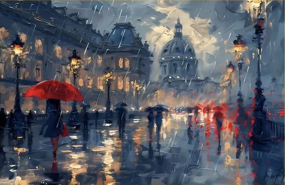 Klimatyczny obraz na płótnie ulica, ludzie parasolki, rama drewniana d