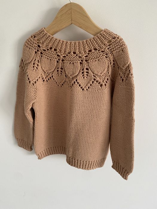 Sweter handmade 92 brzoskwiniowy bawełna ażurowy wzorek