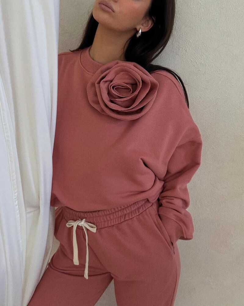 Bluza Damska Oversize Bawełniana z Różą 3D Pudrowy Róż Kremowa