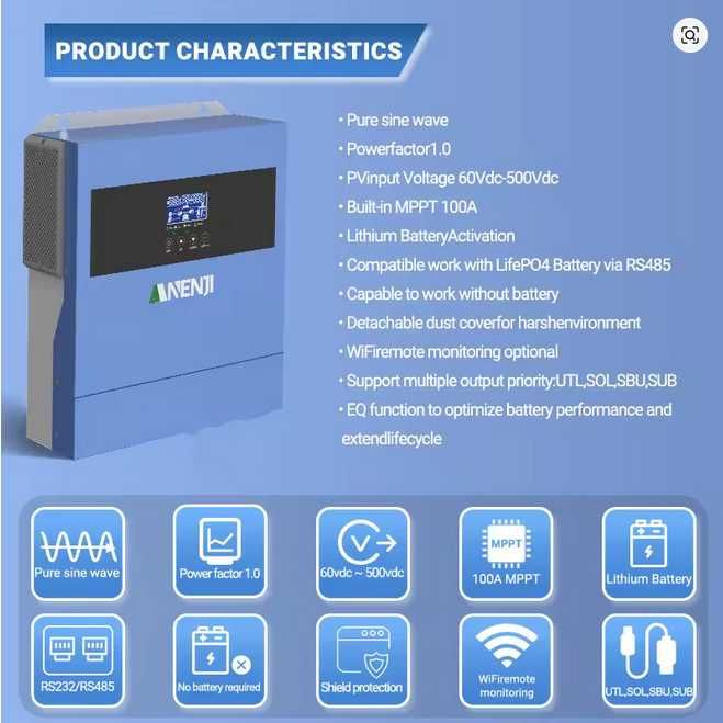 Инвертор гибридный Anenji 4, 4,2 квт, 24 вольта, встроенный WIFI тихий