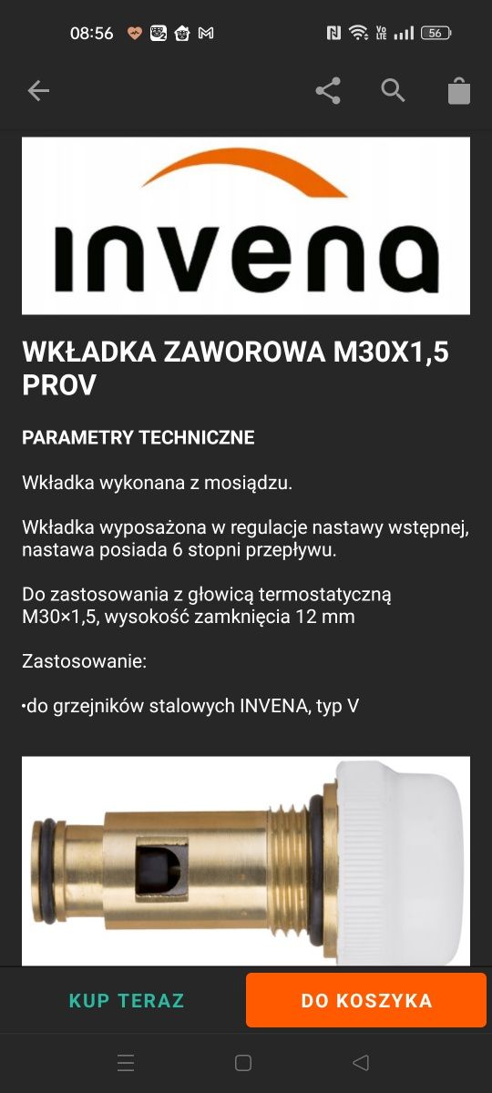 Głowica termostatyczna złota i wkładka zaworowa M30x1,5 Invena