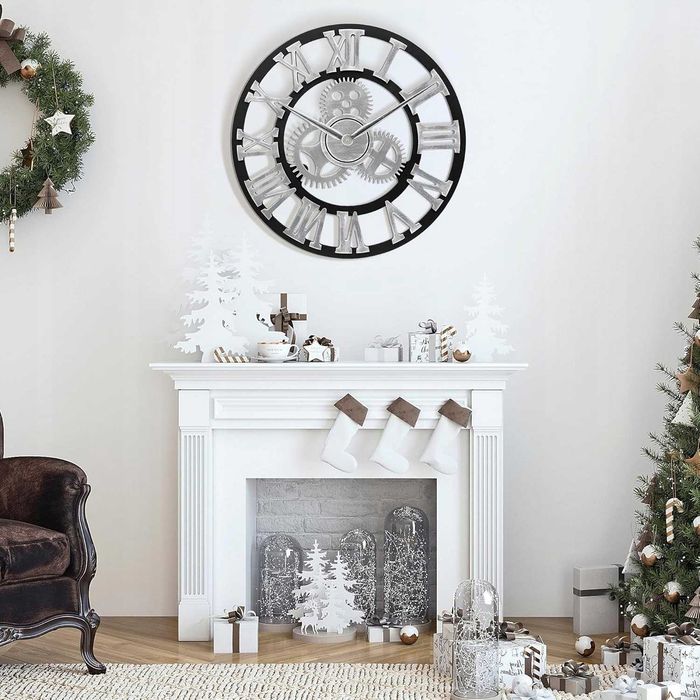 Lafocuse 58 cm drewniany zegar ścienny z przekładniami, srebrny