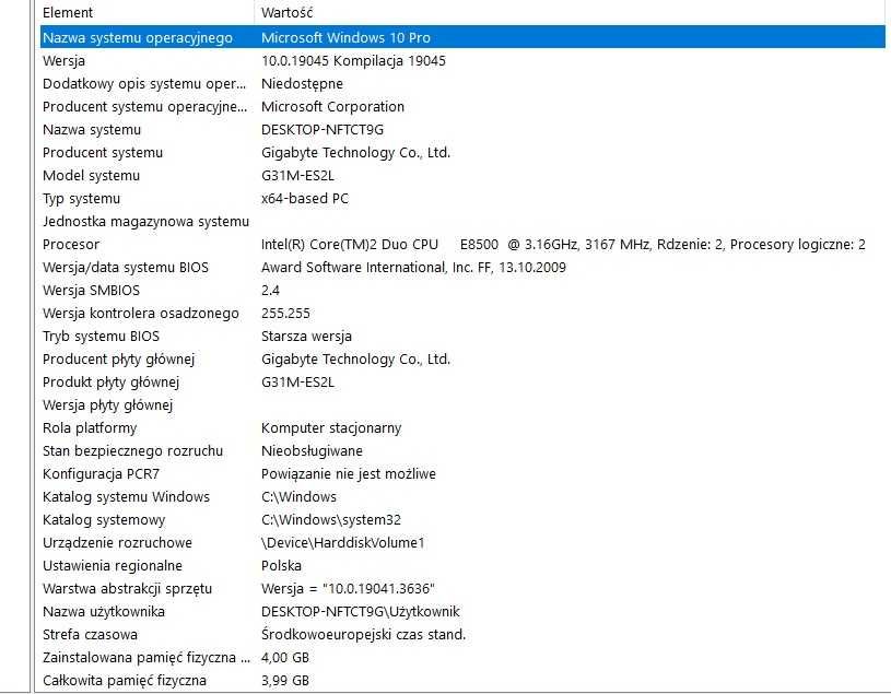 Komputer stacjonarny Intel E8500 4GB Płyta G31M-ES2L