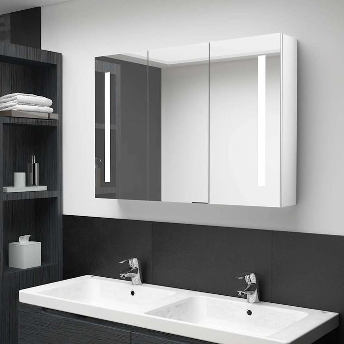 Vidaxl Szafka Łazienkowa Z Lustrem I Led, 89X14X62 Cm, Lśniąca Biel
