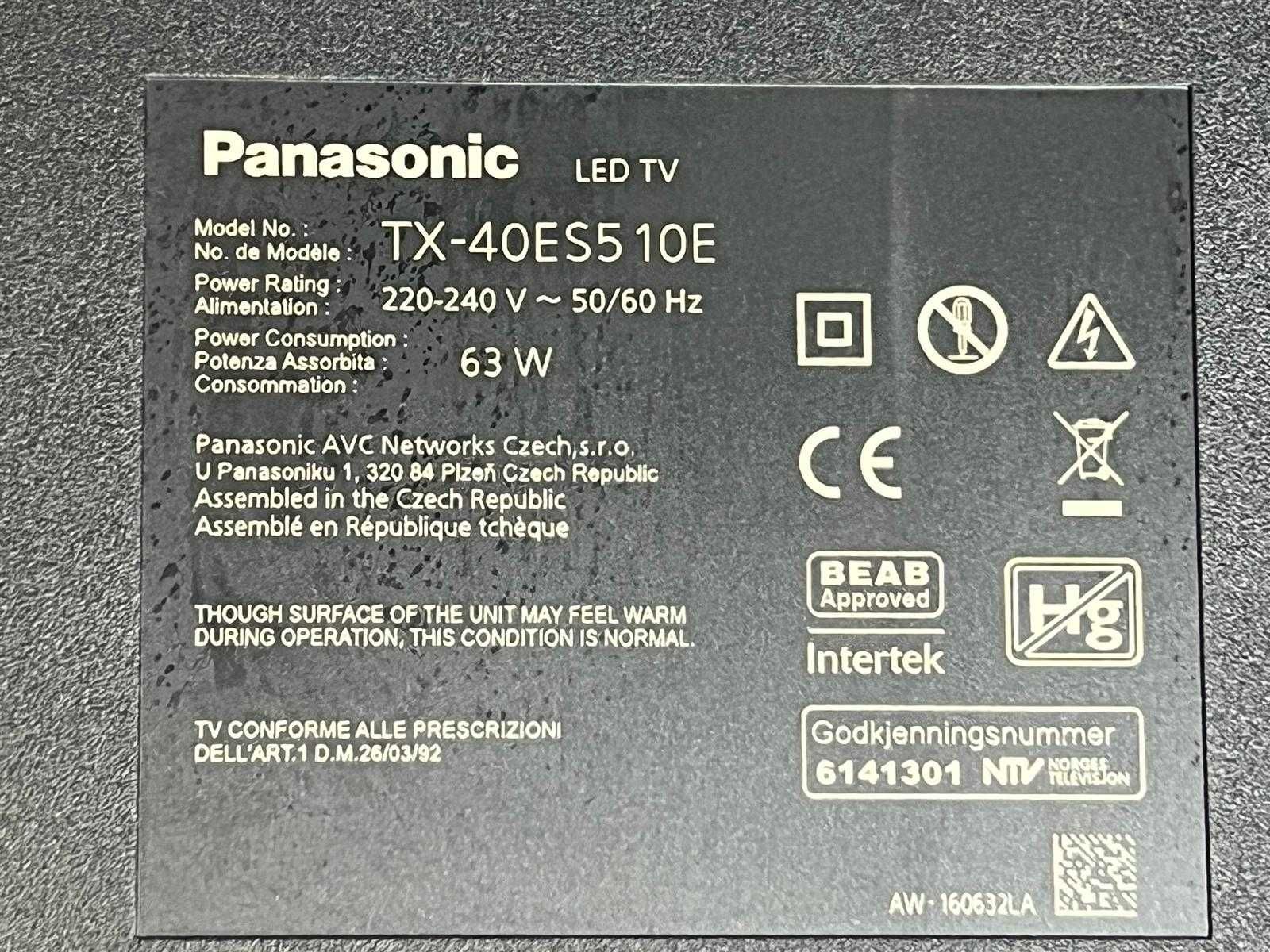Panasonic 40" LED Smart Tv  Wi Fi  DVB-T2  hewc-265