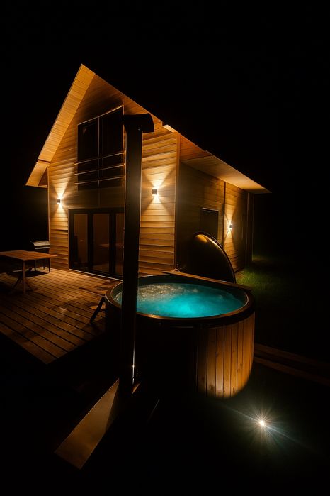 Domek drewniany nad jeziorem całoroczny mazury balia jacuzzi sauna