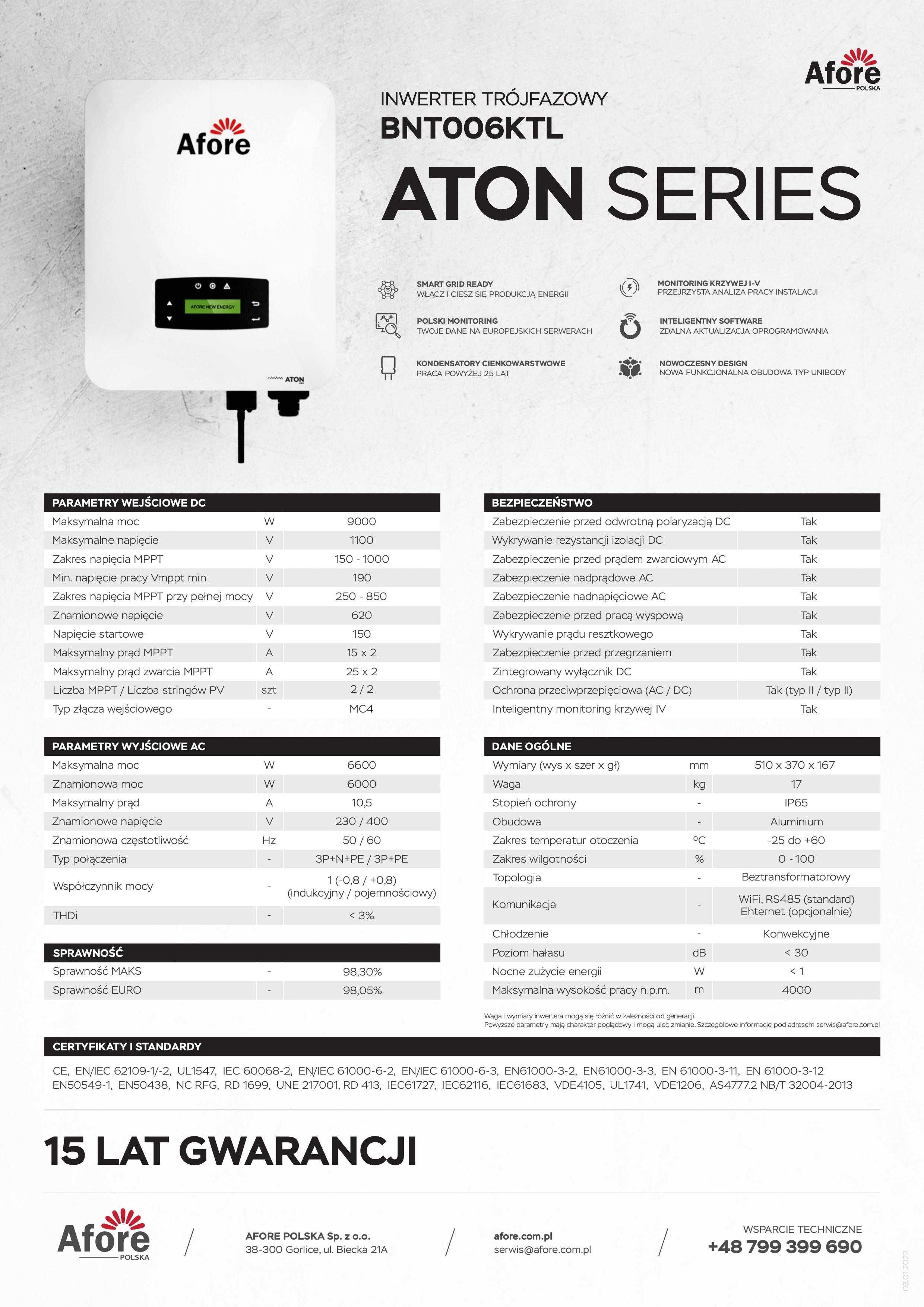 Falownik trójfazowy Afore Aton BNT006KTL - 6 kW