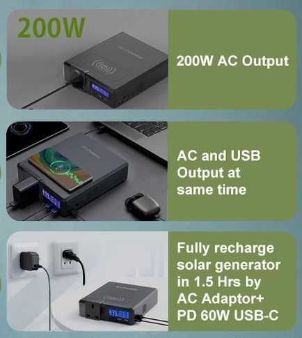 Estação Energia Portátil 200W 154Wh saída AC, USB