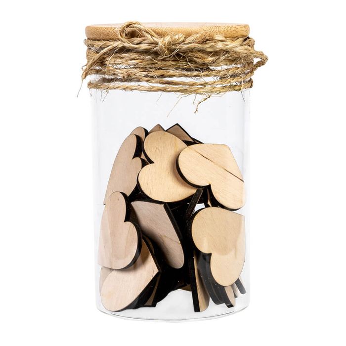 Słój szklany 1l na życzenia z drewnianymi serduszkami ślub urodziny