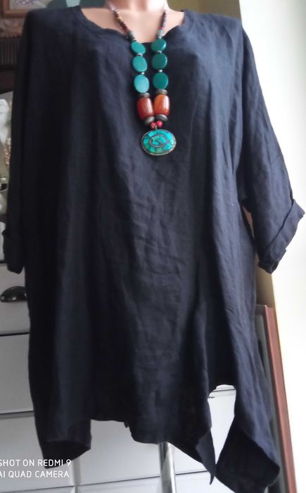 ITALY artystyczna bluzka tunika black 100% len 52 54 pachy 150 cm