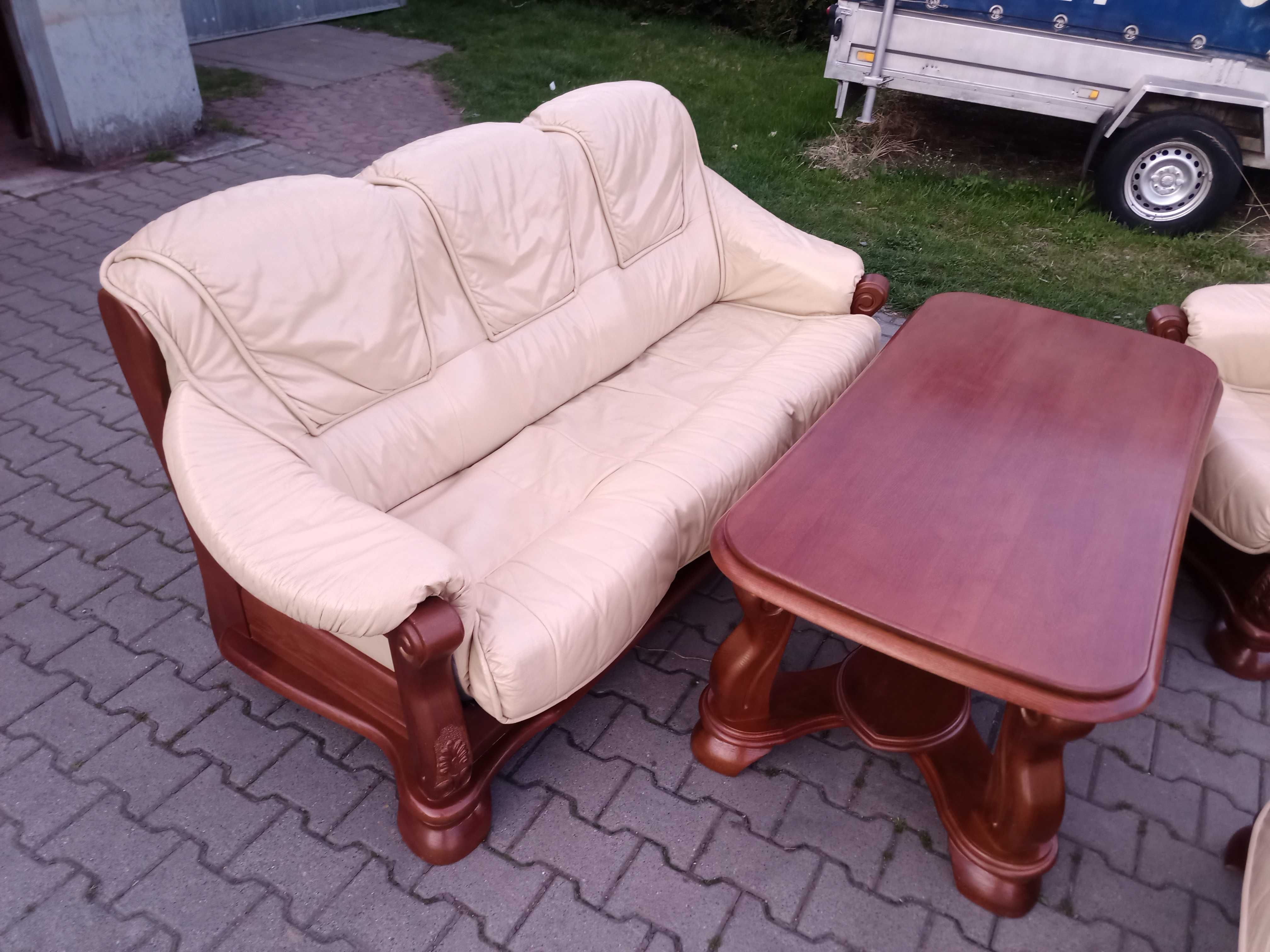Komplet KLER , Rozkładany 3+1+1 i Ława , dąb - Skóra Krem