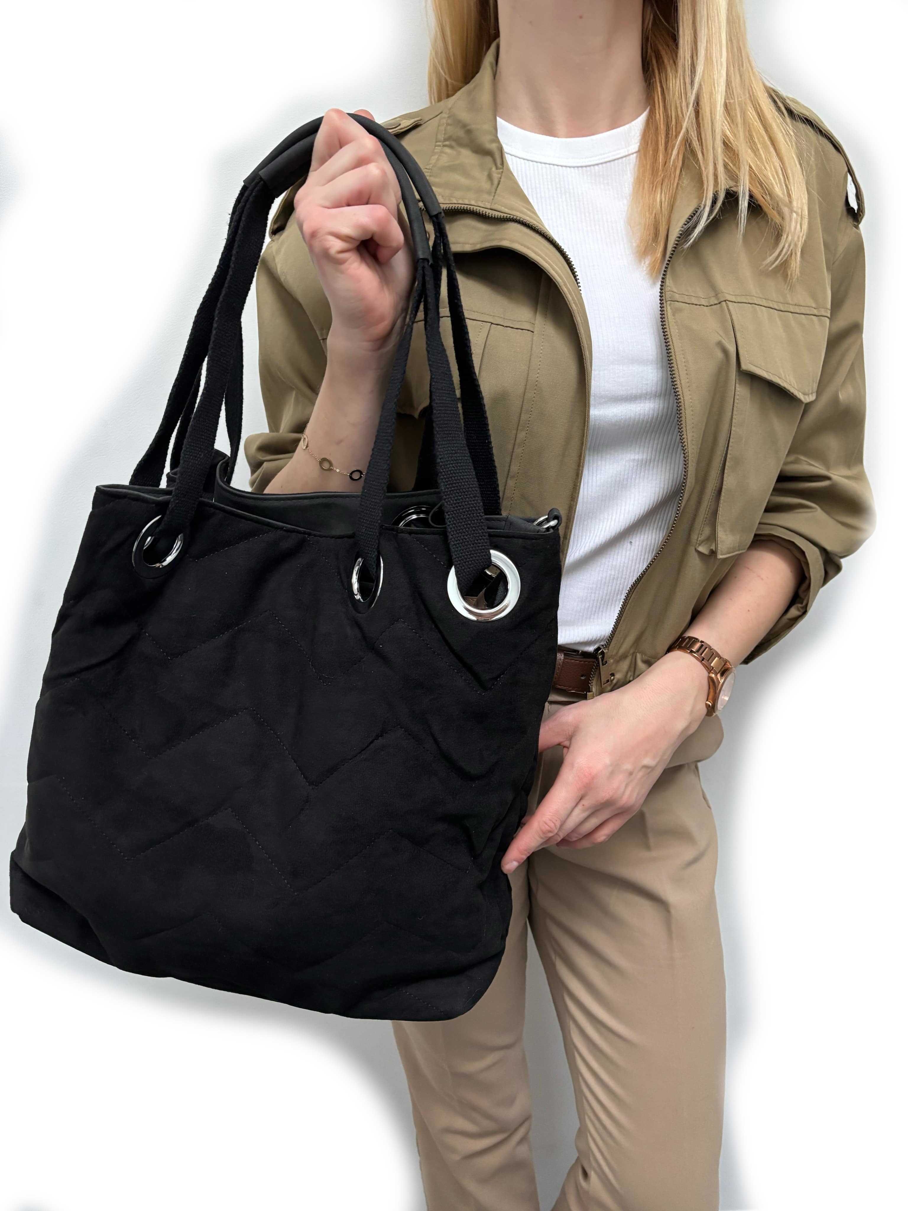 Torebka damska worek shopper zamsz eko czarna