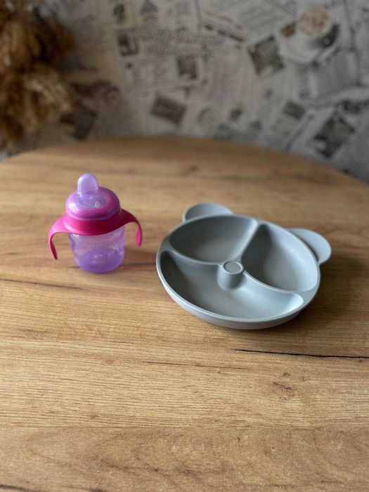 Силіконова секційна тарілка на присосках сіра, чашка Philips Avent