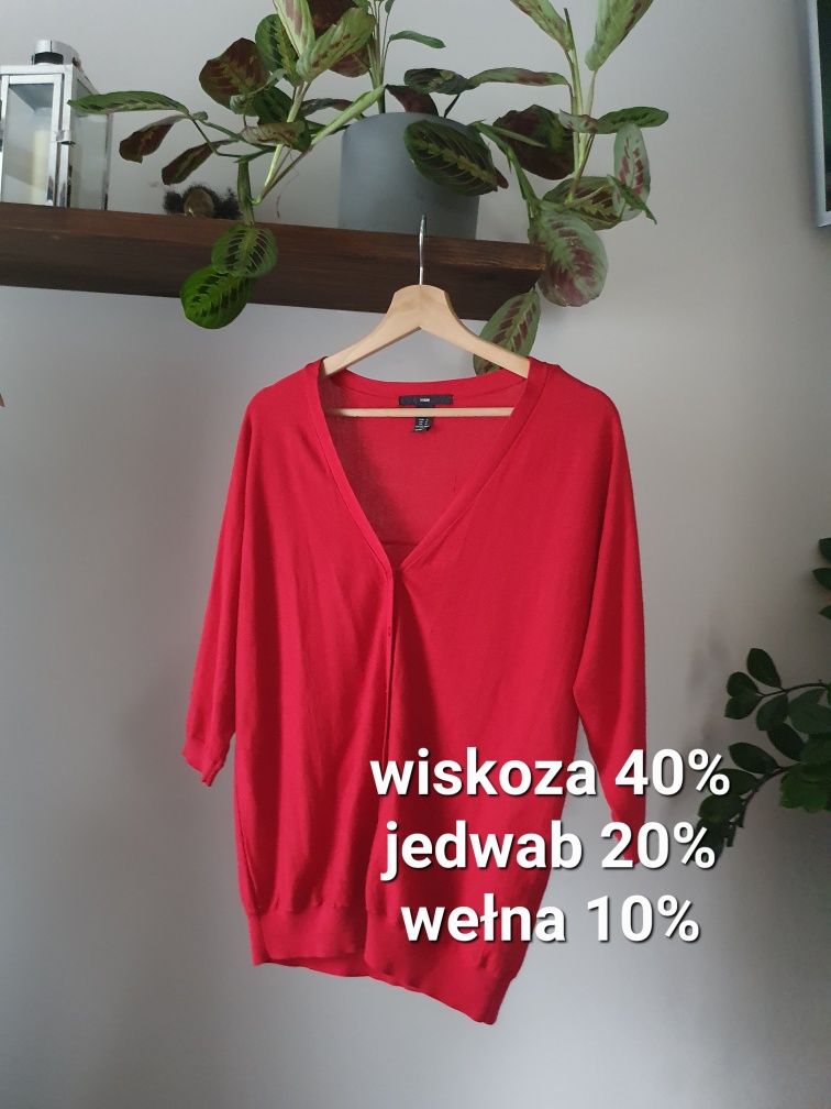 Czerwony malinowy sweter kardigan damski rekaw 3/4 świąteczny H&M S