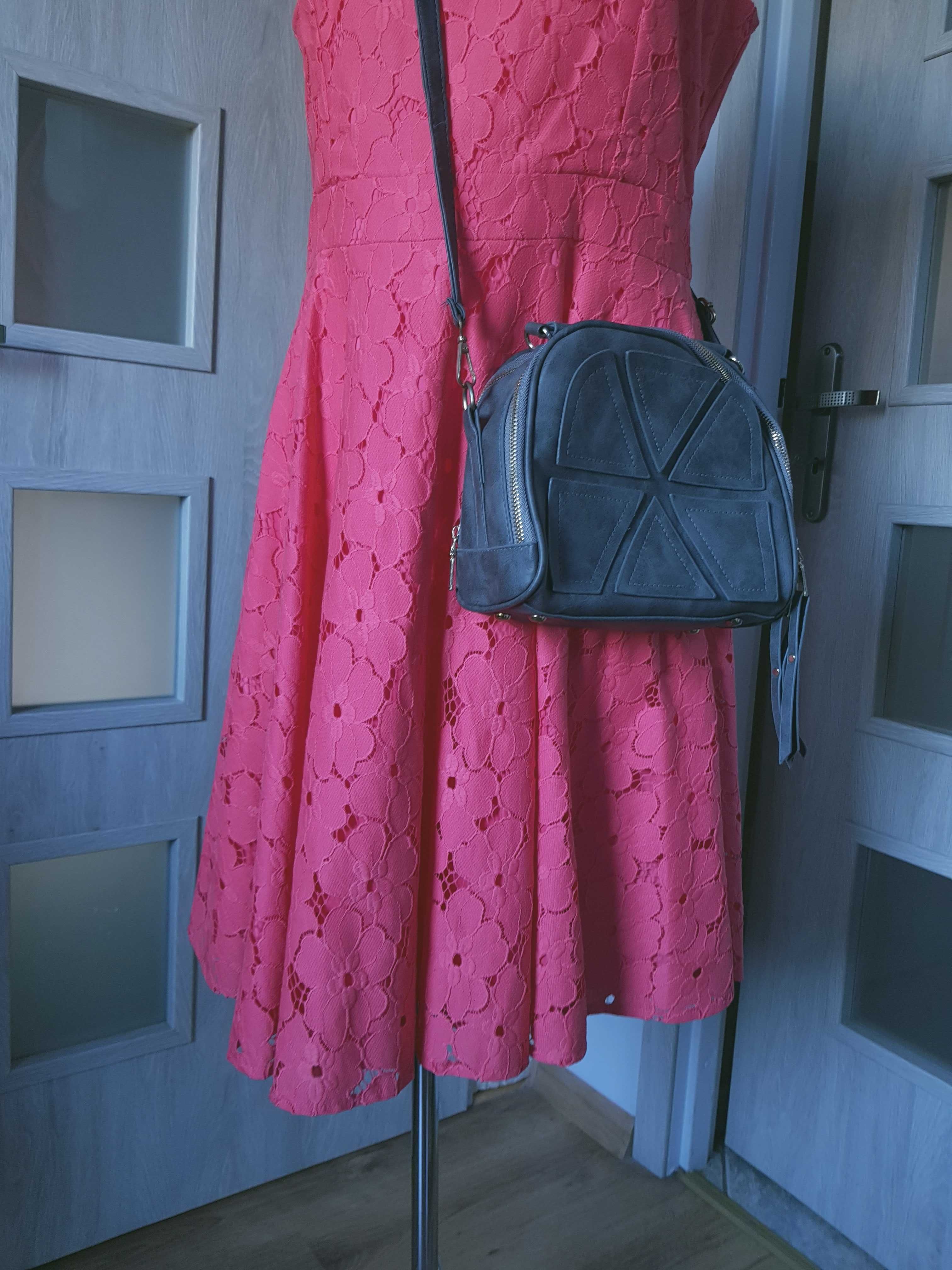 Elegancka koronkowa sukienka midi malinowy róż XL