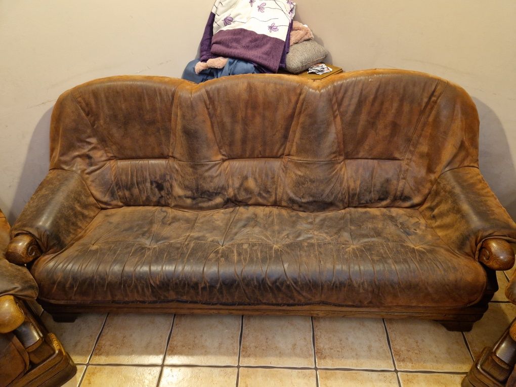 Komplet wypoczynkowy 2+1+1 kanapa fotele ciężki dębowy retro drewno
