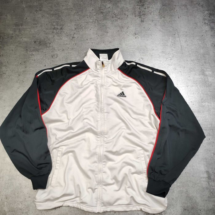 MĘSKA Bluza Rozpinana Stójka Adidas Biało Szara Lampas Retro Suwak