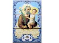 Painéis de Azulejos São José Cores Imagem Santo Jesus ao Colo Gravura