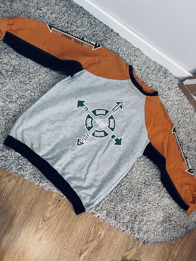 Bluza dziecieca 164 cm z nadrukiem napisy pomaranczowy rekaw szara cre