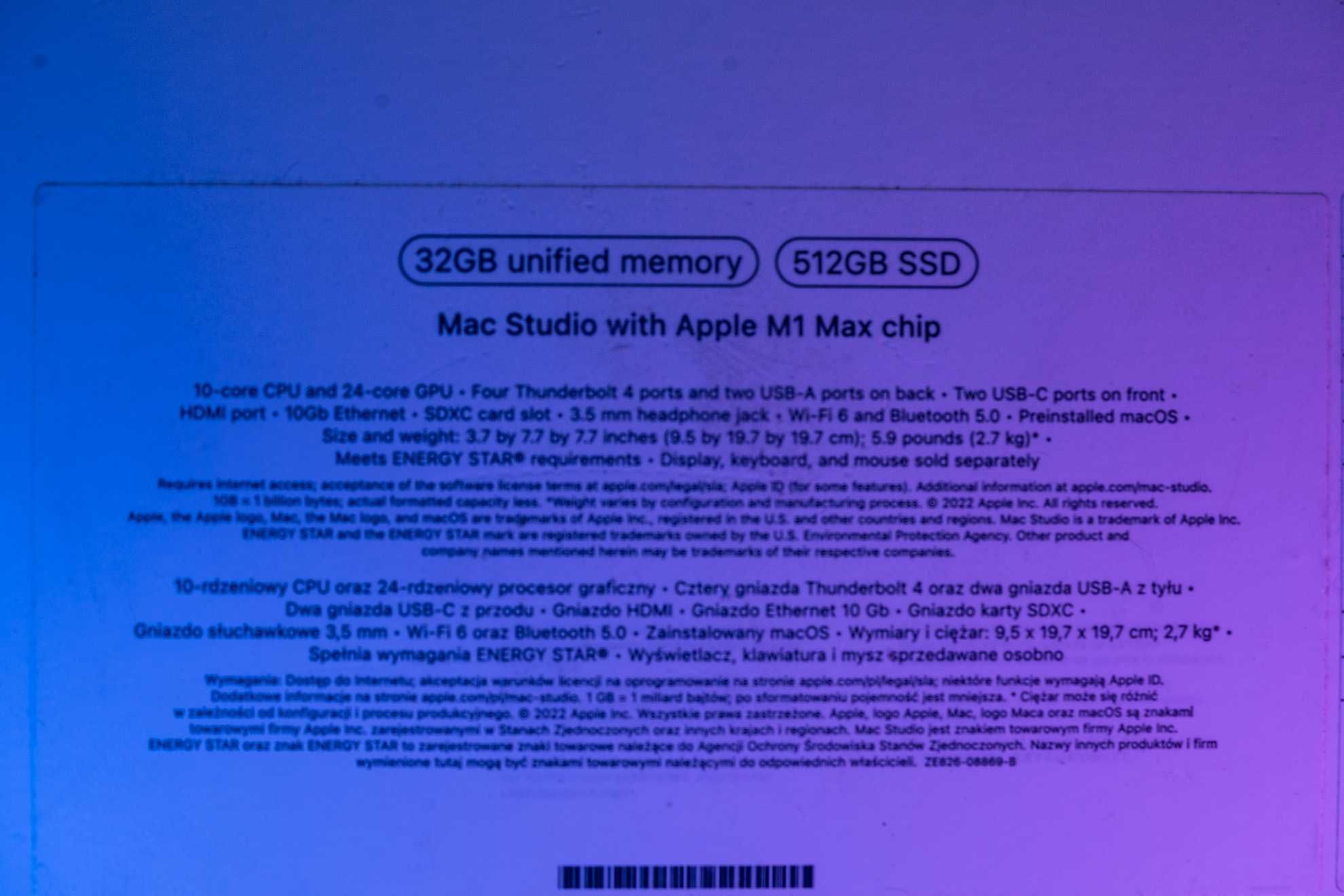 Mac Studio M1 MAX | 32 GB RAM | 512 GB dysk SSD |