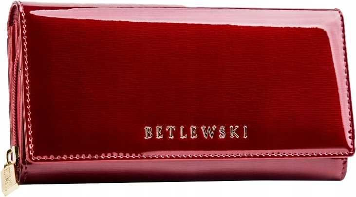 Betlewski Elegancki Portfel Damski Czerwony Skóra Naturalna RFID