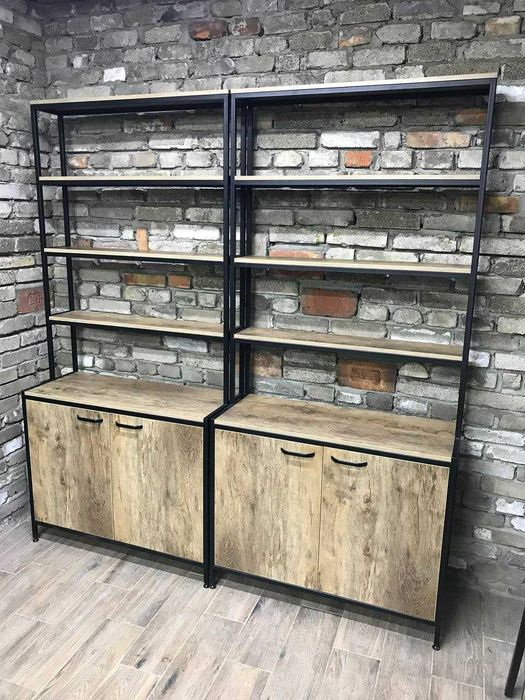 Стелажі, торгові вітрини, оздоблення кафе та барів в стилі лофт.