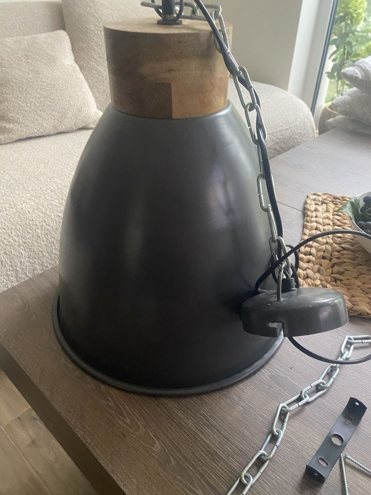 Industrialna lampa wisząca, szare żelazo i drewno, 35 cm, E27