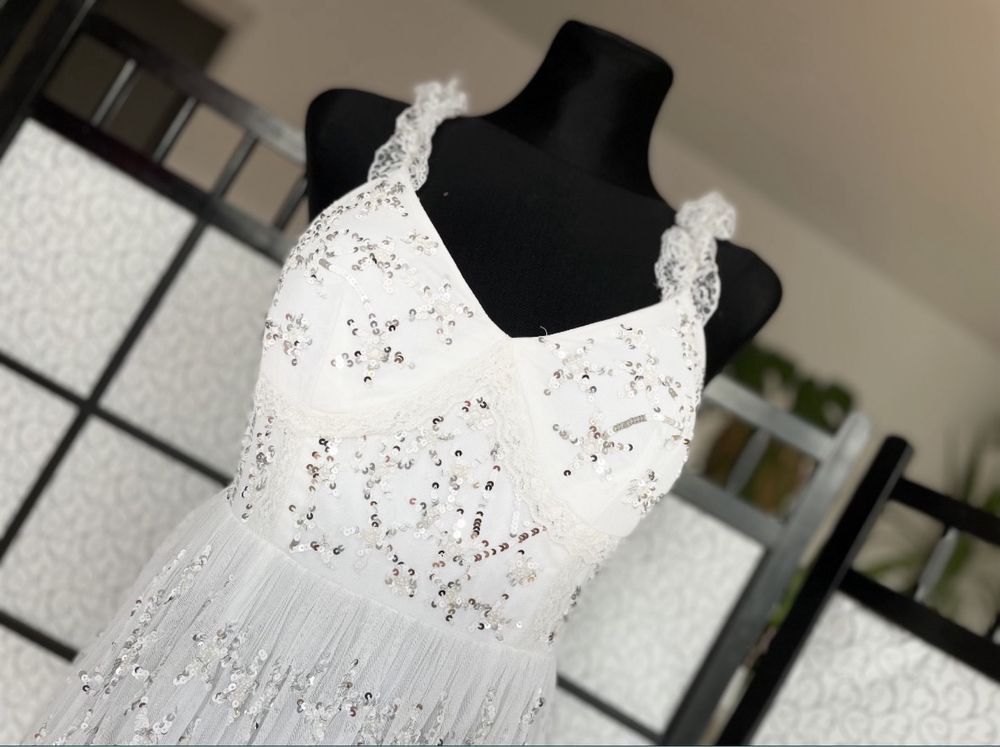 Maya deluxe cekinowa sukienka maxi tiulowa 34 xs 36 s petite