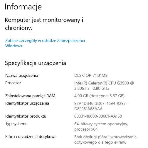 Komputer stacjonarny Windows 10, SSD, procesor 2.8GHz, czytnik kart