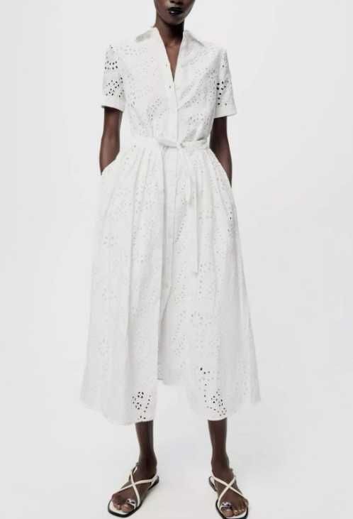 ZARA Woman Collared ZW Collection Embroided Shirt White Dress Size S