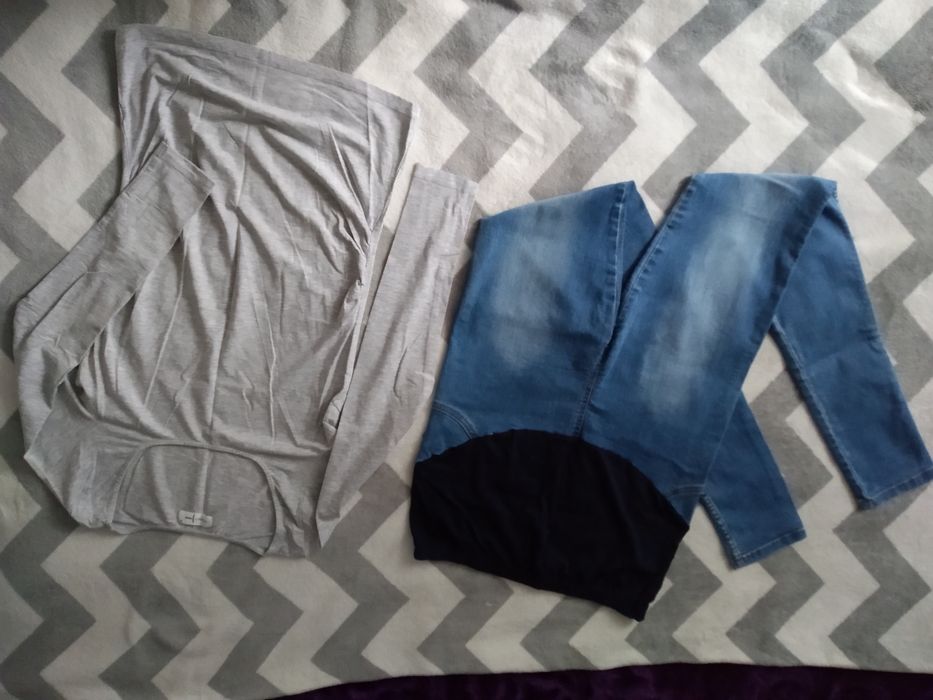 Spodnie jeansowe ciążowe i bluzka szarą ciążowa r. M