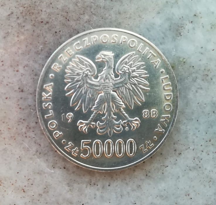 Oryginalna srebrna moneta 50 000 zł Józef Piłsudski 1988