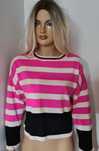 Bisou sweter wełniany 50% wełna neonowy róż paski S-XL