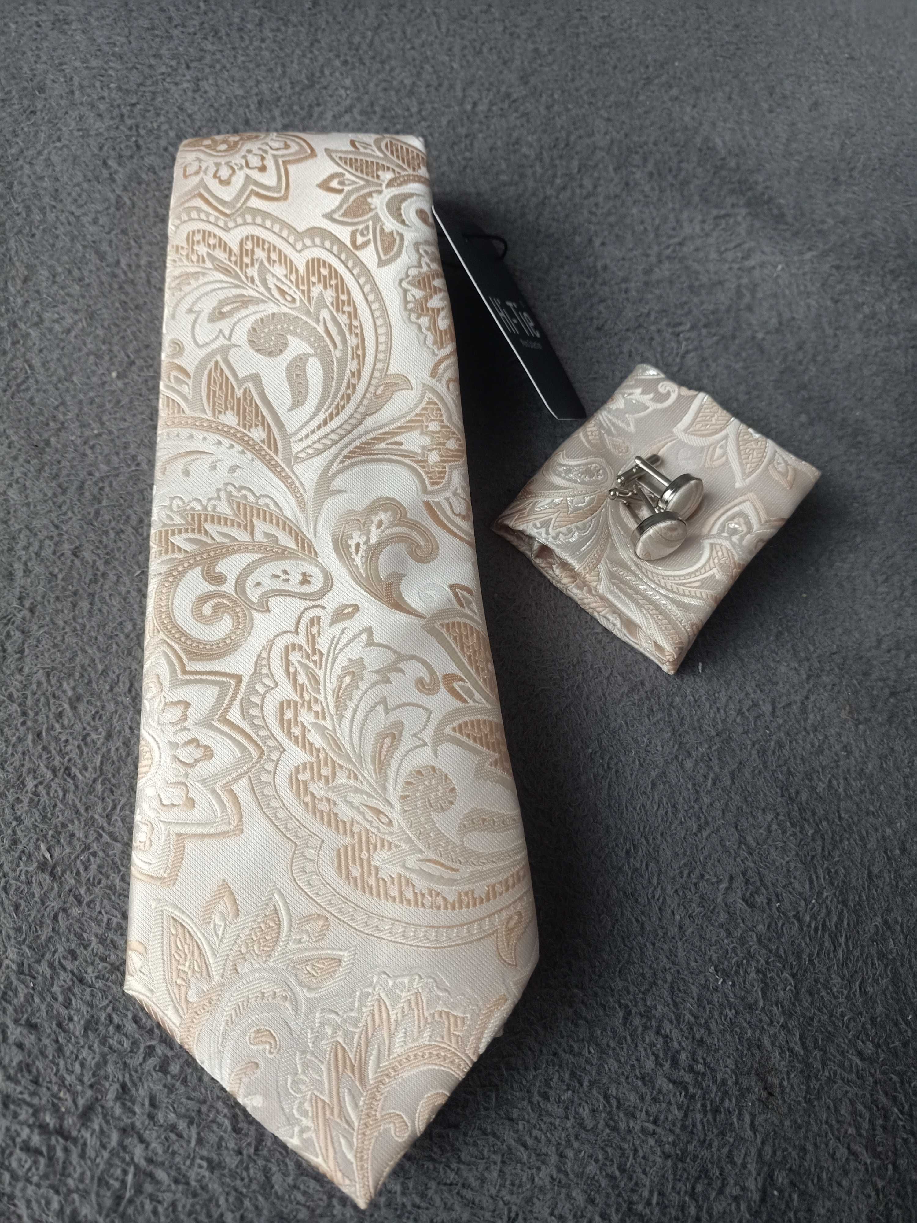 Elegancki Zestaw Krawat Poszetka Spinki Wesele - Szampański Złoty 3920