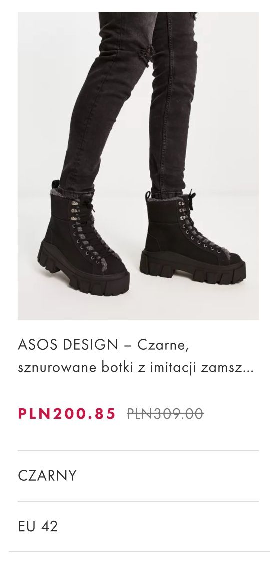 Asos Design Czarne Sznurowane Botki w rozmiarze 42!