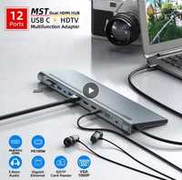 12W1 MST HUB stacja dokująca USB C Dual 4K HDMI VGA 3.5 PD 100W SD
