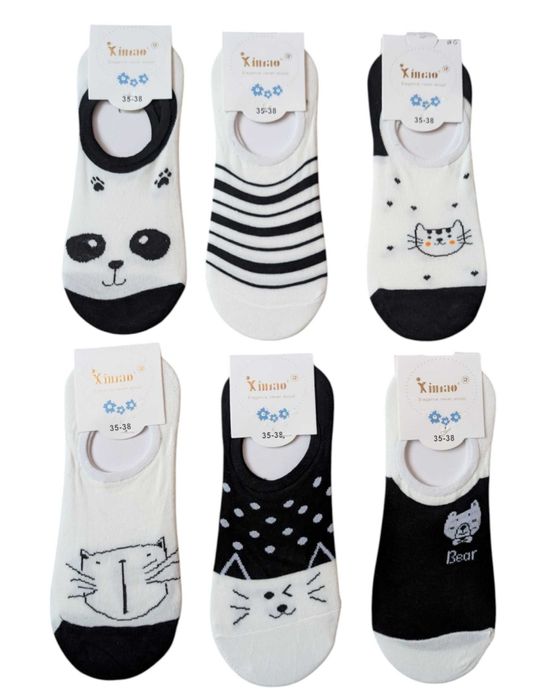 Paka 12 par stopki skarpety damskie białe czarne wzory 35-38 silikonow