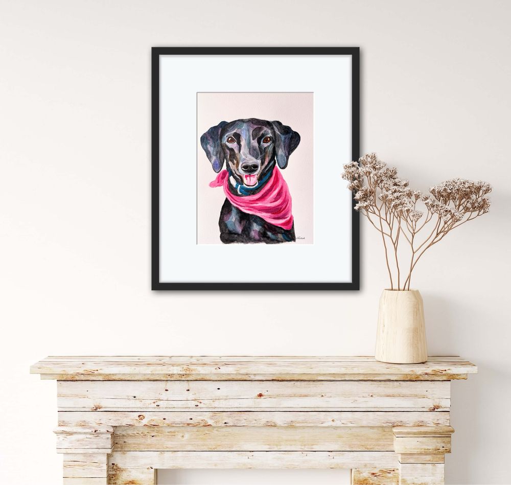Obrazek A4 Pies w różowej chuście piesek obraz akwarela