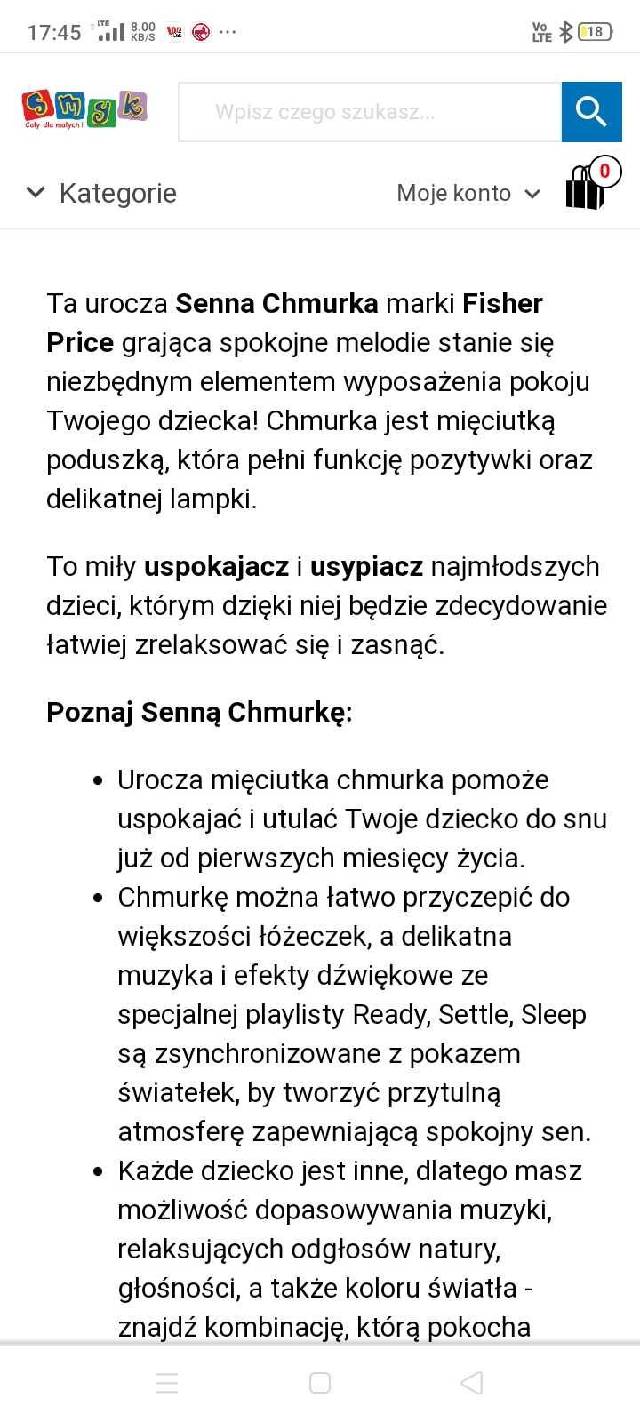 Senna chmurka usypiacz Fischer Price dla dziecka do łóżeczka